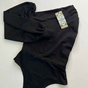 Boohoo Womens Black One Shoulder Puff Sleeve Bodysuit,‎ Boohoo Womens Dress 602